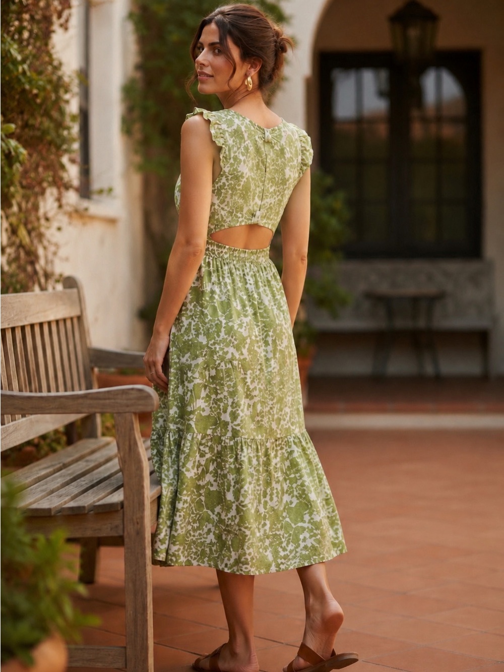 Green Botanical Print Midi Dress Smocked Waist Sleeveless Resort Dress S